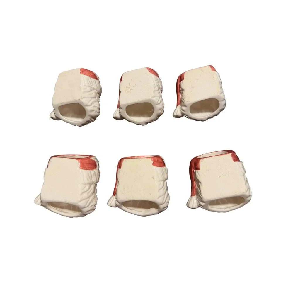 Vintage Ceramic Santa Head Napkin Rings Set of 6 Christmas Holiday Table